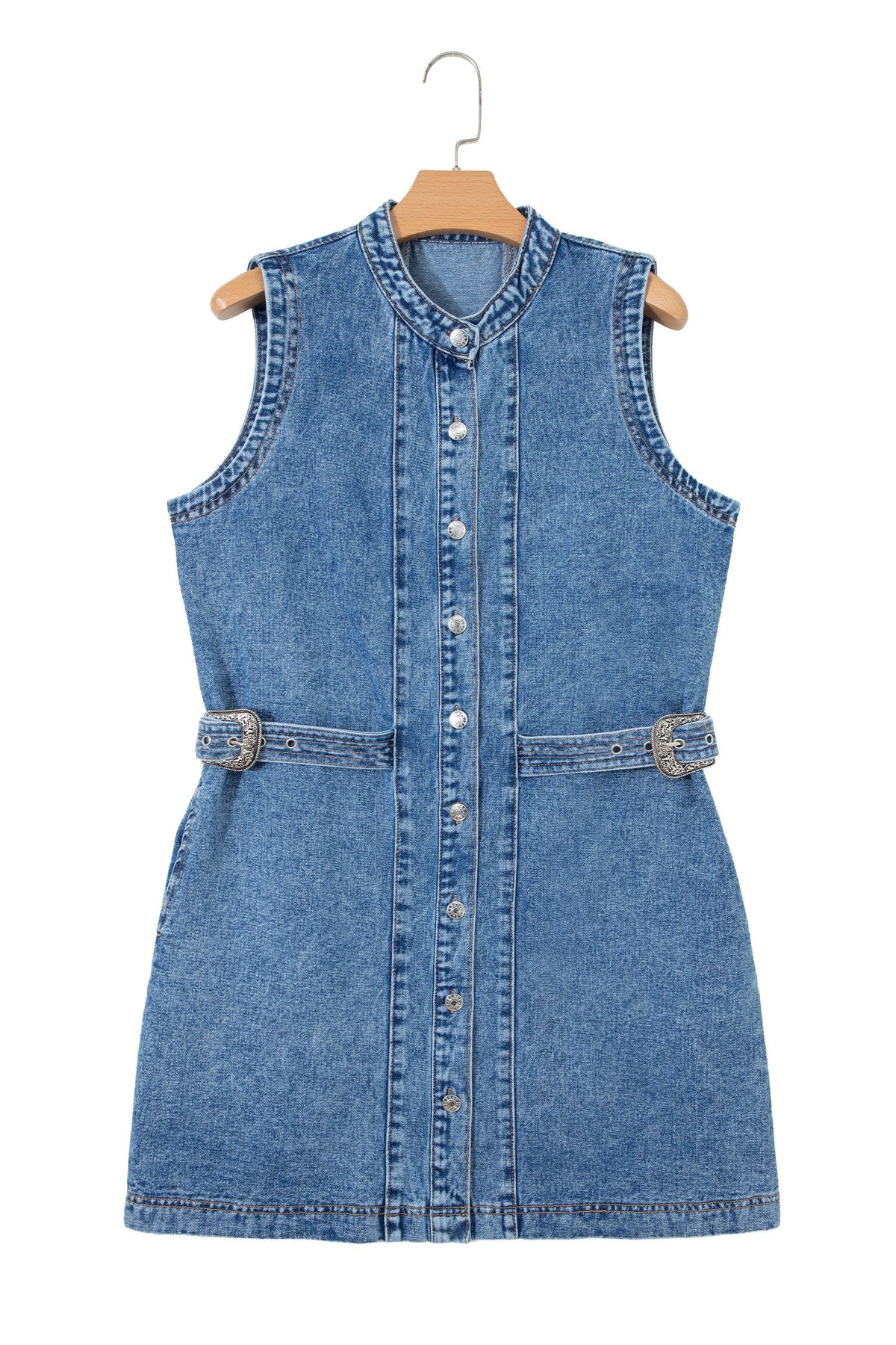 Myosotis Western Belt Button Down Sleeveless Denim Short Dress