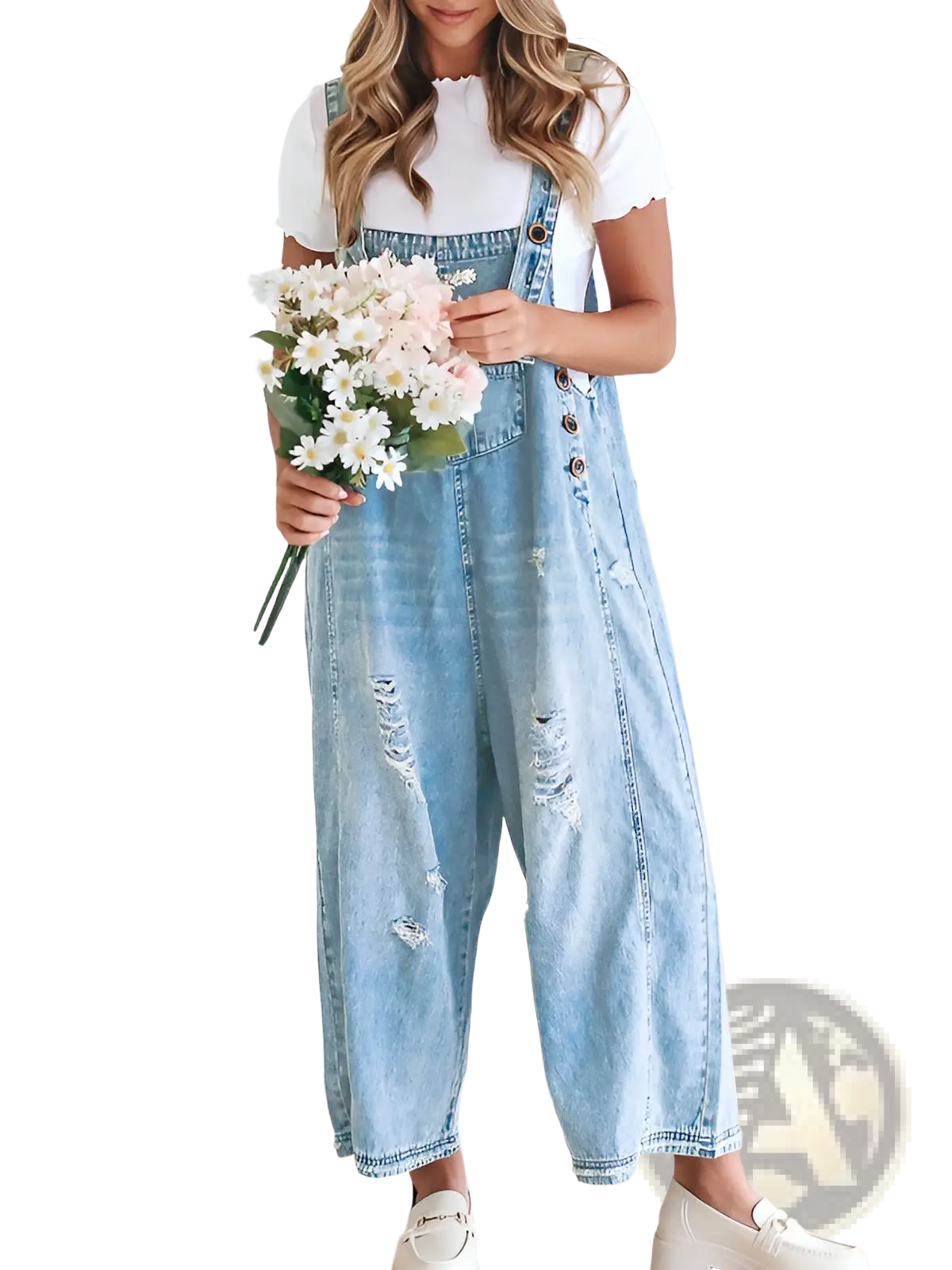 Women's Distressed Denim Overalls with Adjustable Straps
