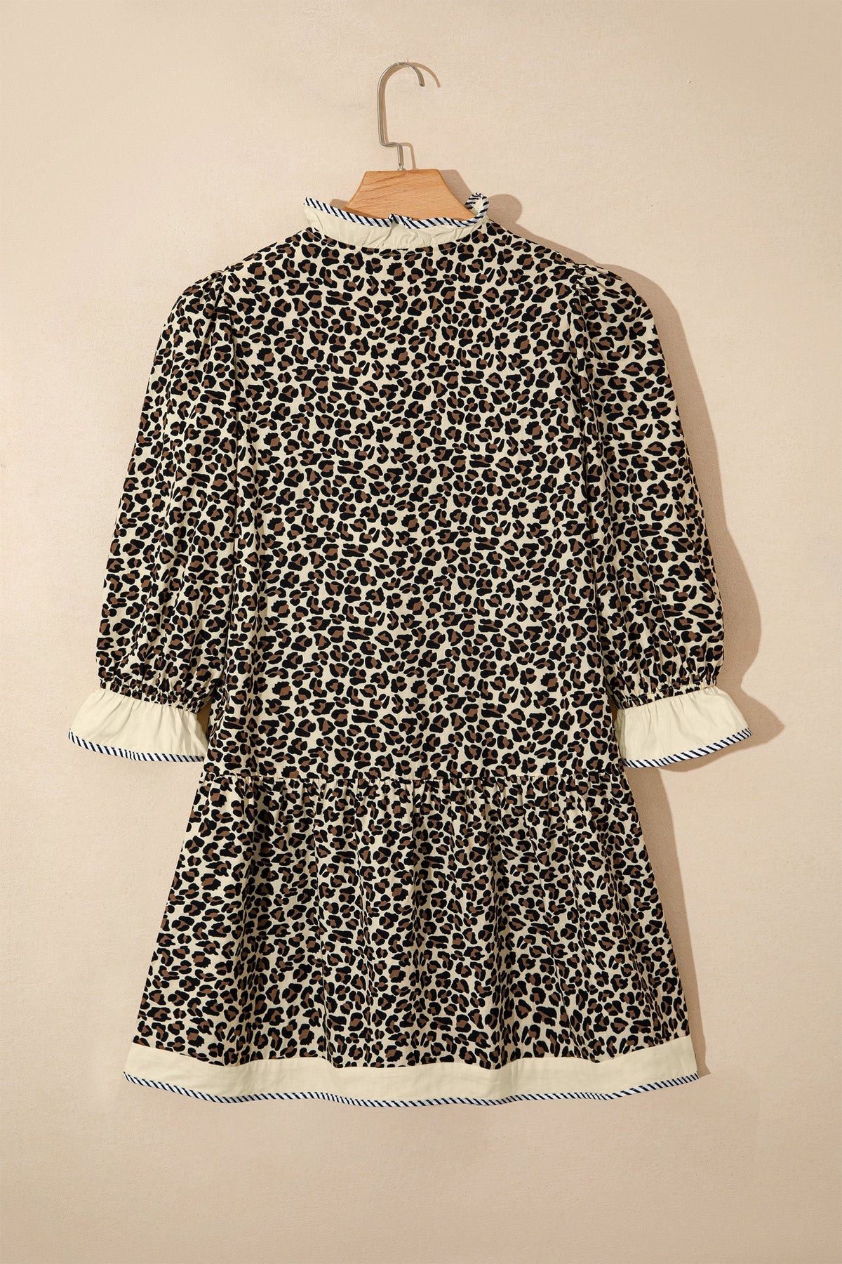 Black Leopard Print Striped Color Block Trim V Neck Bracelet Sleeve Mini Dress