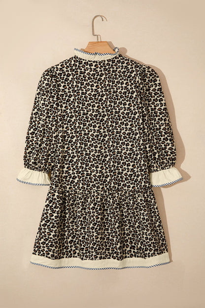 Black Leopard Print Striped Color Block Trim V Neck Bracelet Sleeve Mini Dress