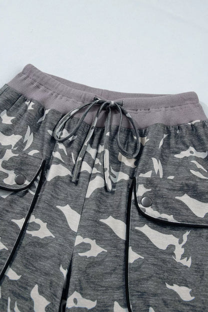 Multicolour Drawstring Contrast Waistband Camouflage Cargo Barrel Pants