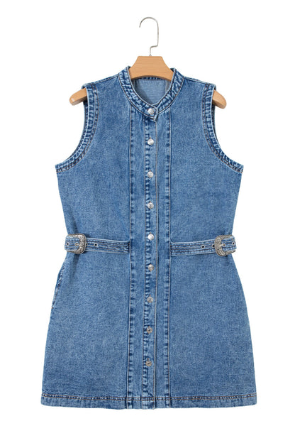 Myosotis Western Belt Button Down Sleeveless Denim Short Dress
