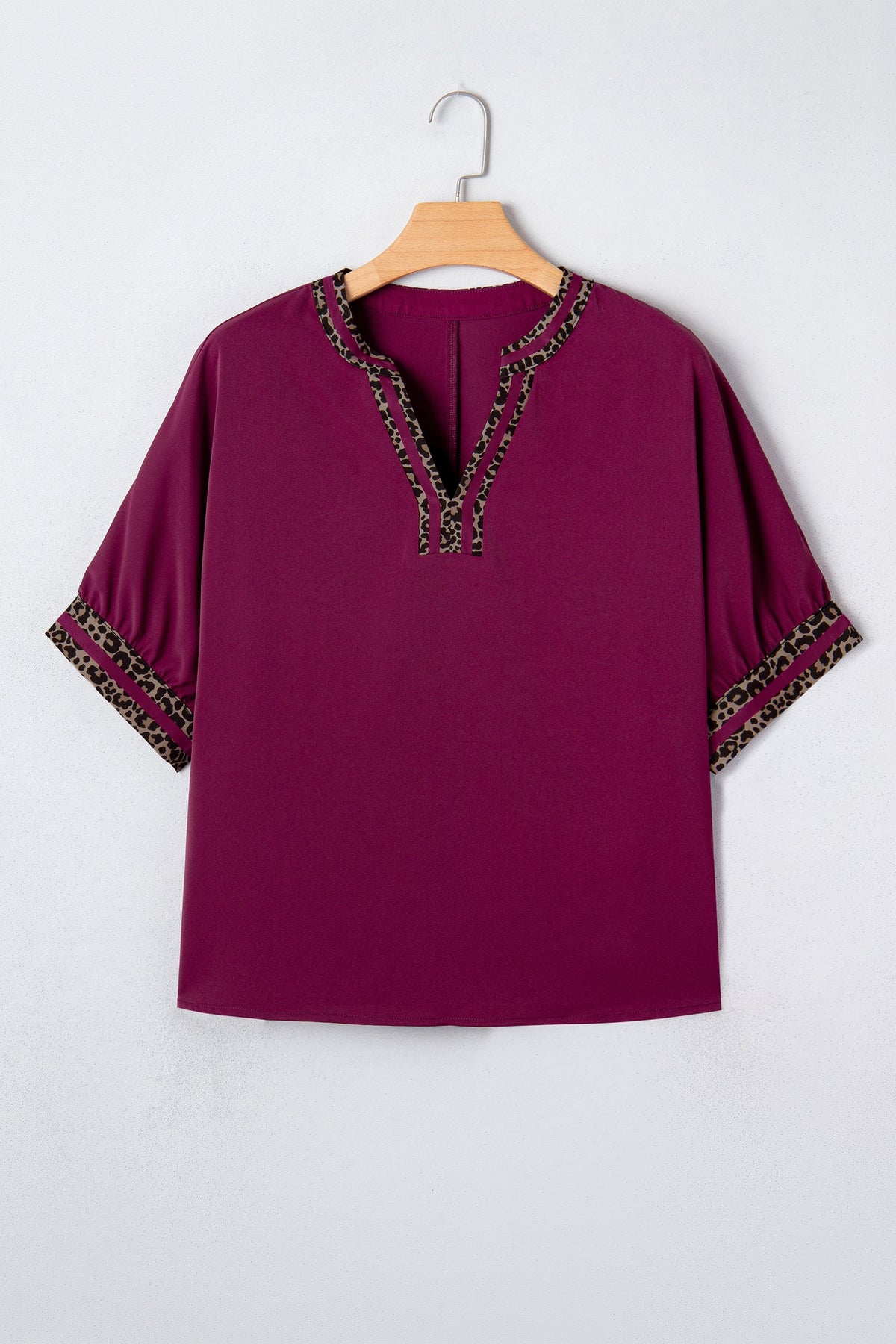 Red Dahlia Contrast Leopard Trim V Neck Short Sleeve Blouse