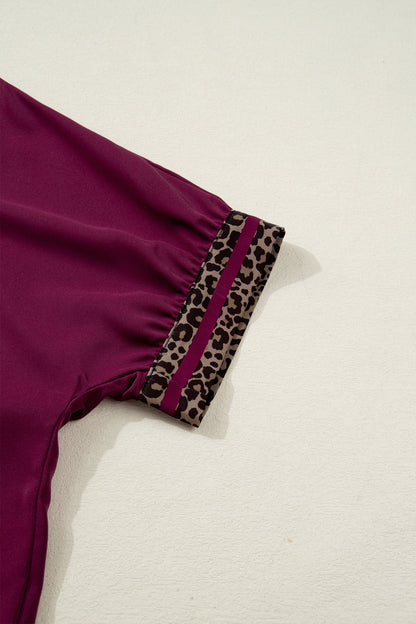 Red Dahlia Contrast Leopard Trim V Neck Short Sleeve Blouse