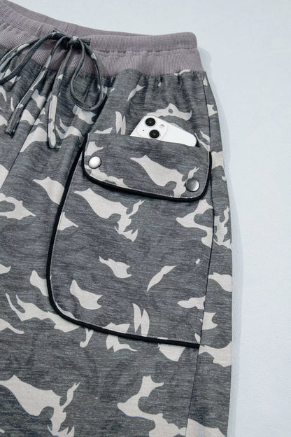 Multicolour Drawstring Contrast Waistband Camouflage Cargo Barrel Pants