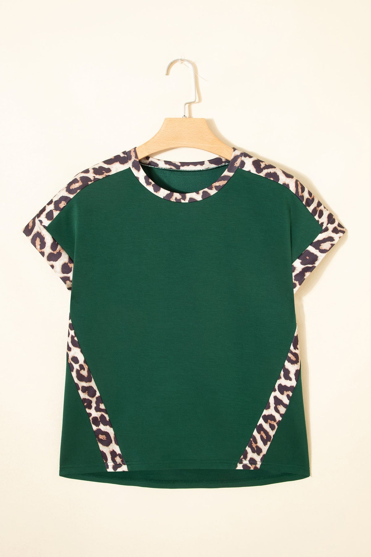 Sea Green Leopard Trim Round Neck Loose T Shirt