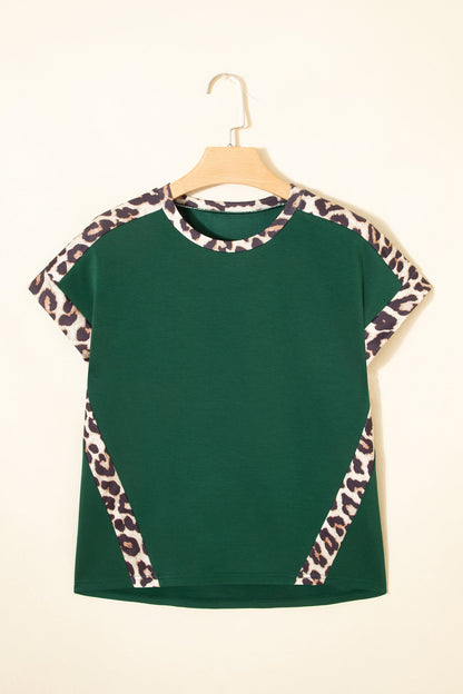 Sea Green Leopard Trim Round Neck Loose T Shirt
