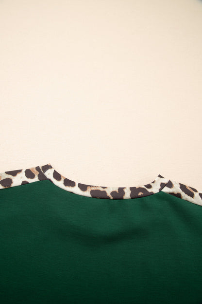 Sea Green Leopard Trim Round Neck Loose T Shirt