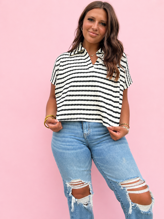 Black & White Striped Collared Top