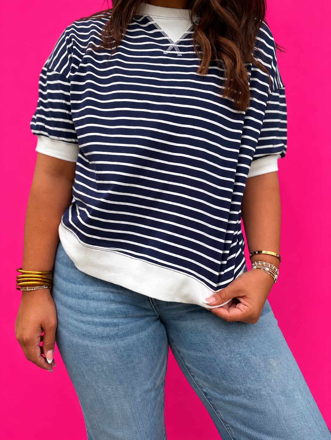 Navy Stripped Rib Banded Top