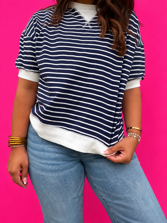 Navy Stripped Rib Banded Top