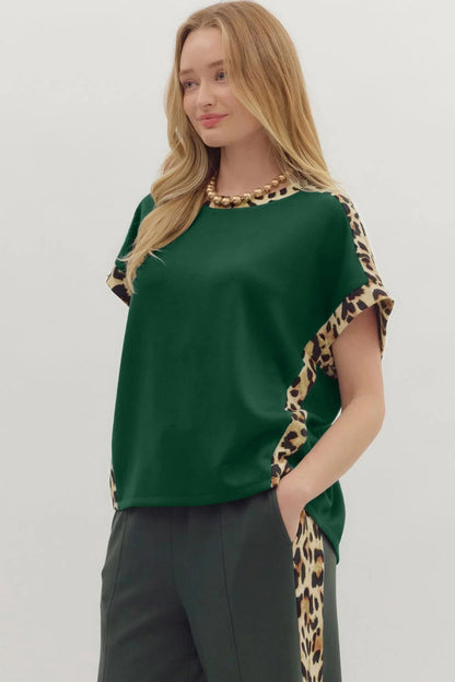 Sea Green Leopard Trim Round Neck Loose T Shirt