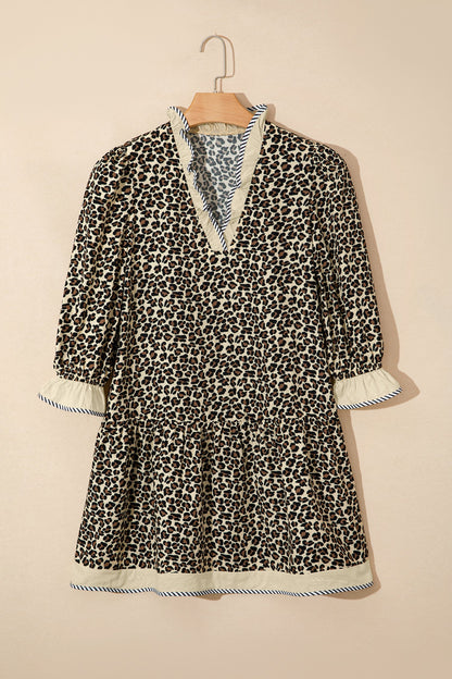 Black Leopard Print Striped Color Block Trim V Neck Bracelet Sleeve Mini Dress