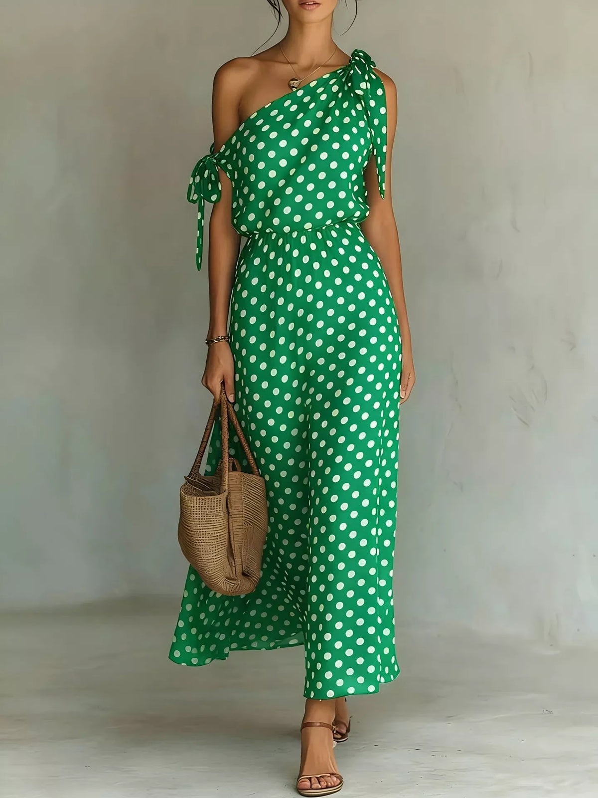 Full Size Polka Dot One-Shoulder Maxi Dress with Tie Details Plus Size