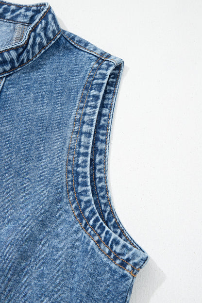 Myosotis Western Belt Button Down Sleeveless Denim Short Dress