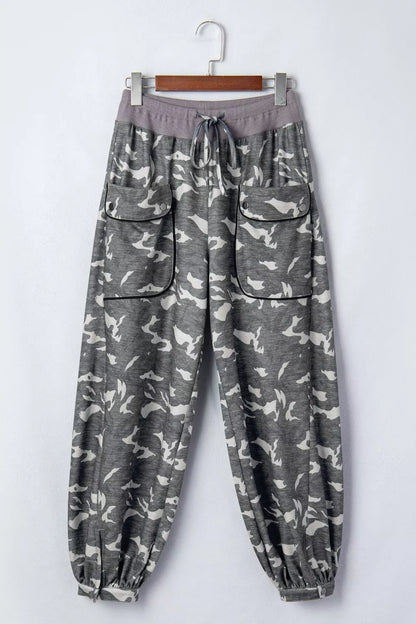 Multicolour Drawstring Contrast Waistband Camouflage Cargo Barrel Pants