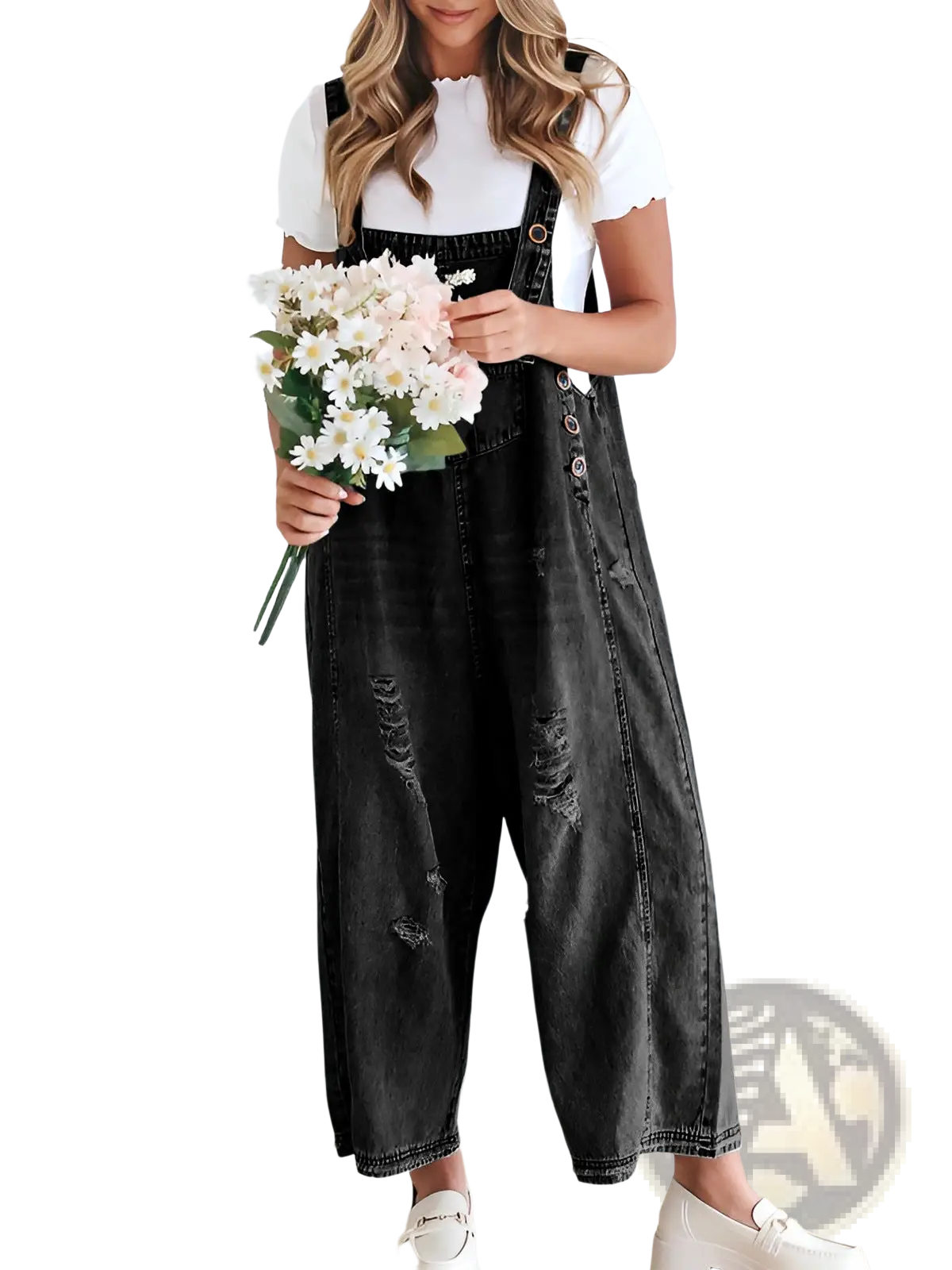 Women's Distressed Denim Overalls with Adjustable Straps