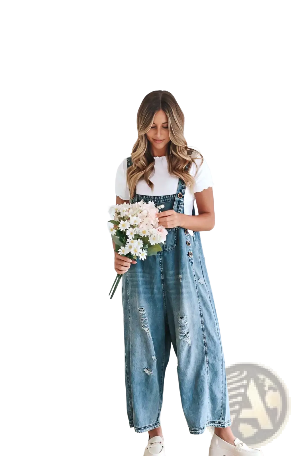 Women's Distressed Denim Overalls with Adjustable Straps