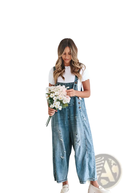 Women's Distressed Denim Overalls with Adjustable Straps