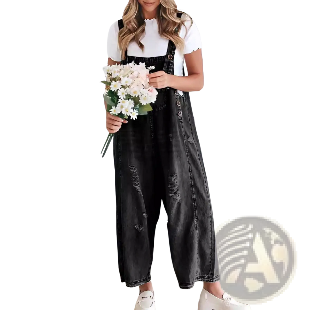 Women's Distressed Denim Overalls with Adjustable Straps