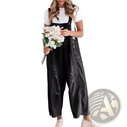 Women's Distressed Denim Overalls with Adjustable Straps