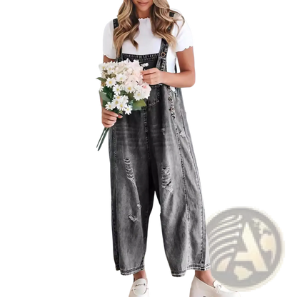 Women's Distressed Denim Overalls with Adjustable Straps