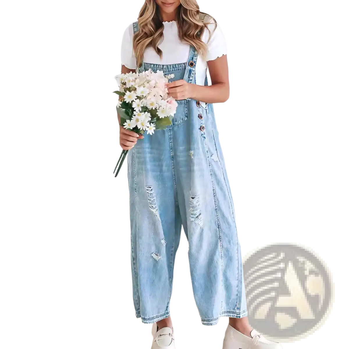 Women's Distressed Denim Overalls with Adjustable Straps