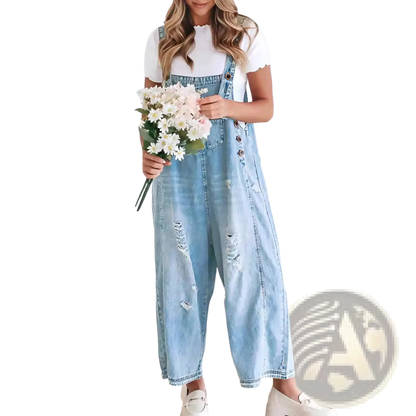 Women's Distressed Denim Overalls with Adjustable Straps