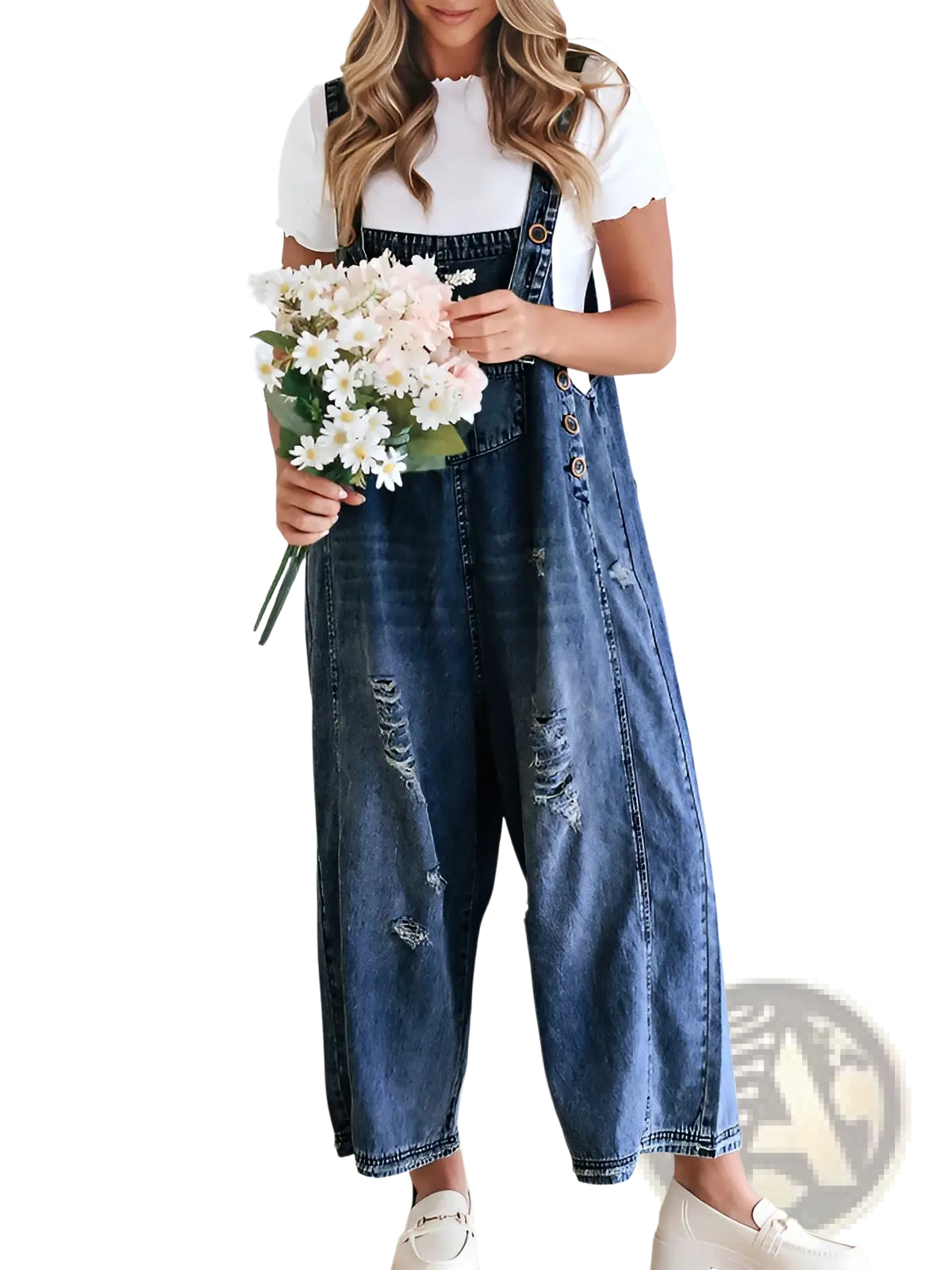 Women's Distressed Denim Overalls with Adjustable Straps