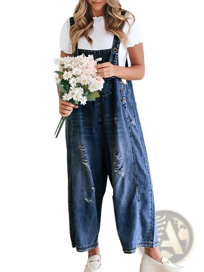 Women's Distressed Denim Overalls with Adjustable Straps