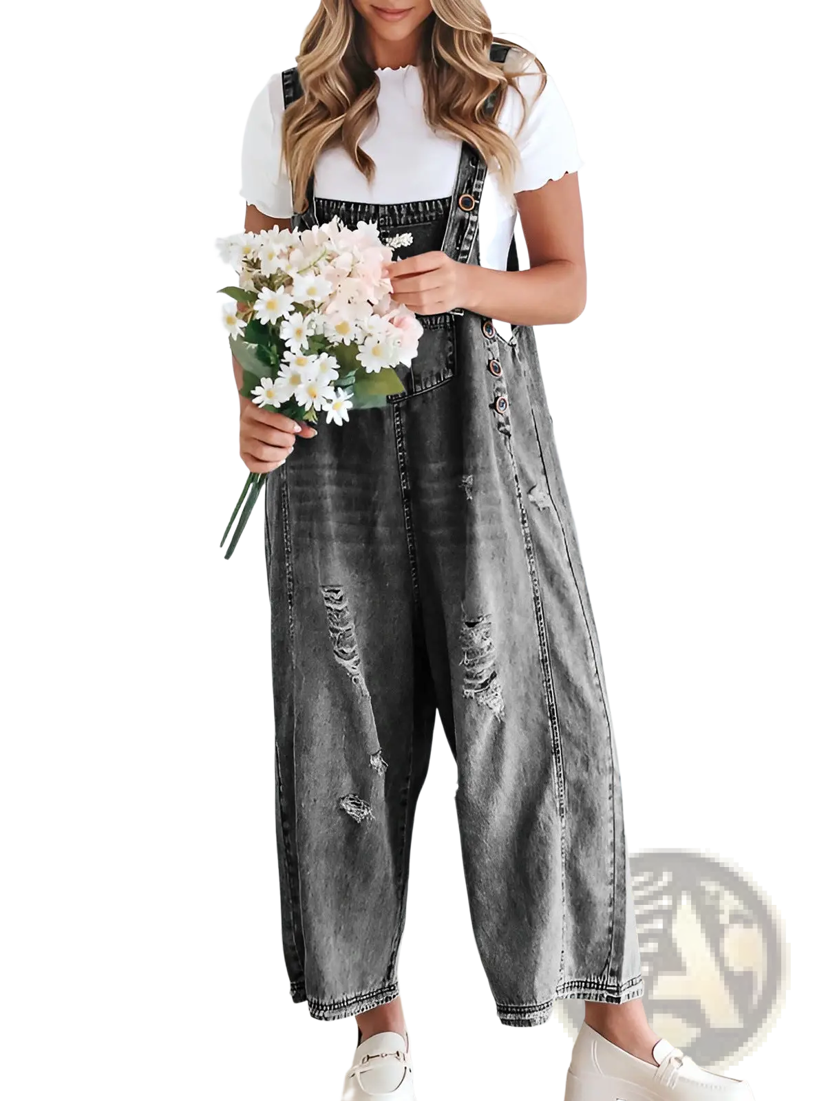 Women's Distressed Denim Overalls with Adjustable Straps