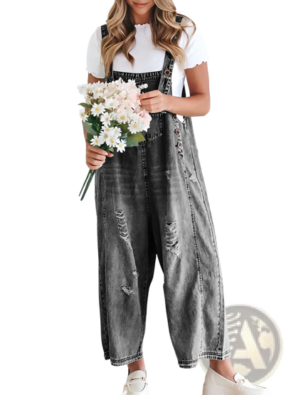 Women's Distressed Denim Overalls with Adjustable Straps