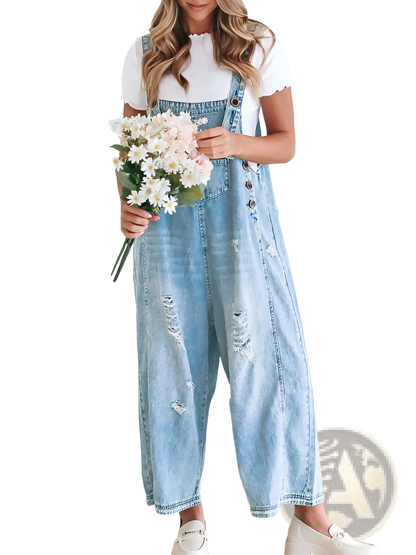 Women's Distressed Denim Overalls with Adjustable Straps